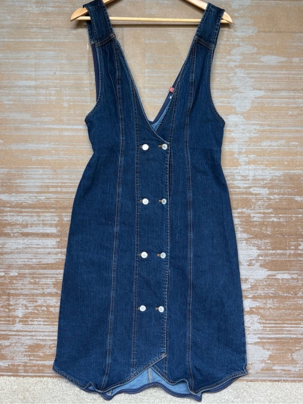 Pilcro Dark Blue Denim Button-Front Midi Pinafore Dress